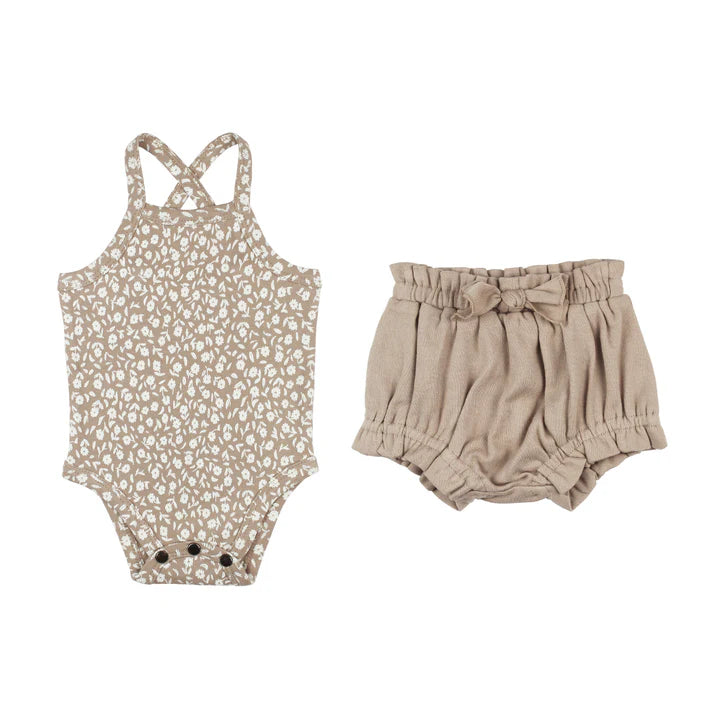 Organic Criss-Cross Bodysuit and Ruffle Bloomer Set in Almond Floral