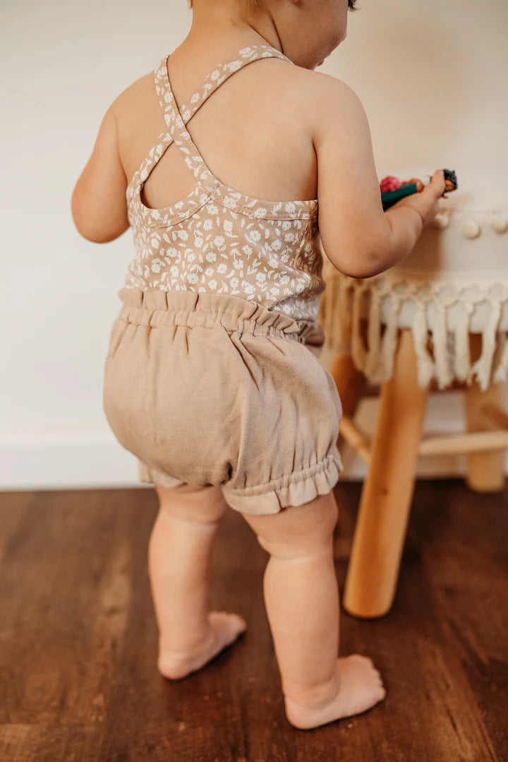 Organic Criss-Cross Bodysuit and Ruffle Bloomer Set in Almond Floral