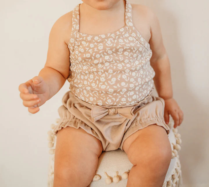Organic Criss-Cross Bodysuit and Ruffle Bloomer Set in Almond Floral