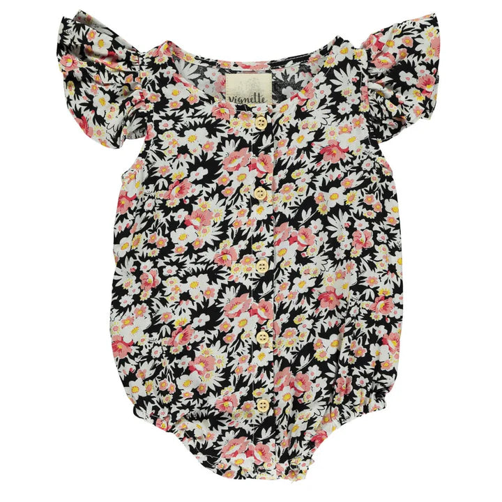 Flutter Sleeve Bubble Romper - Black Floral by Vignette