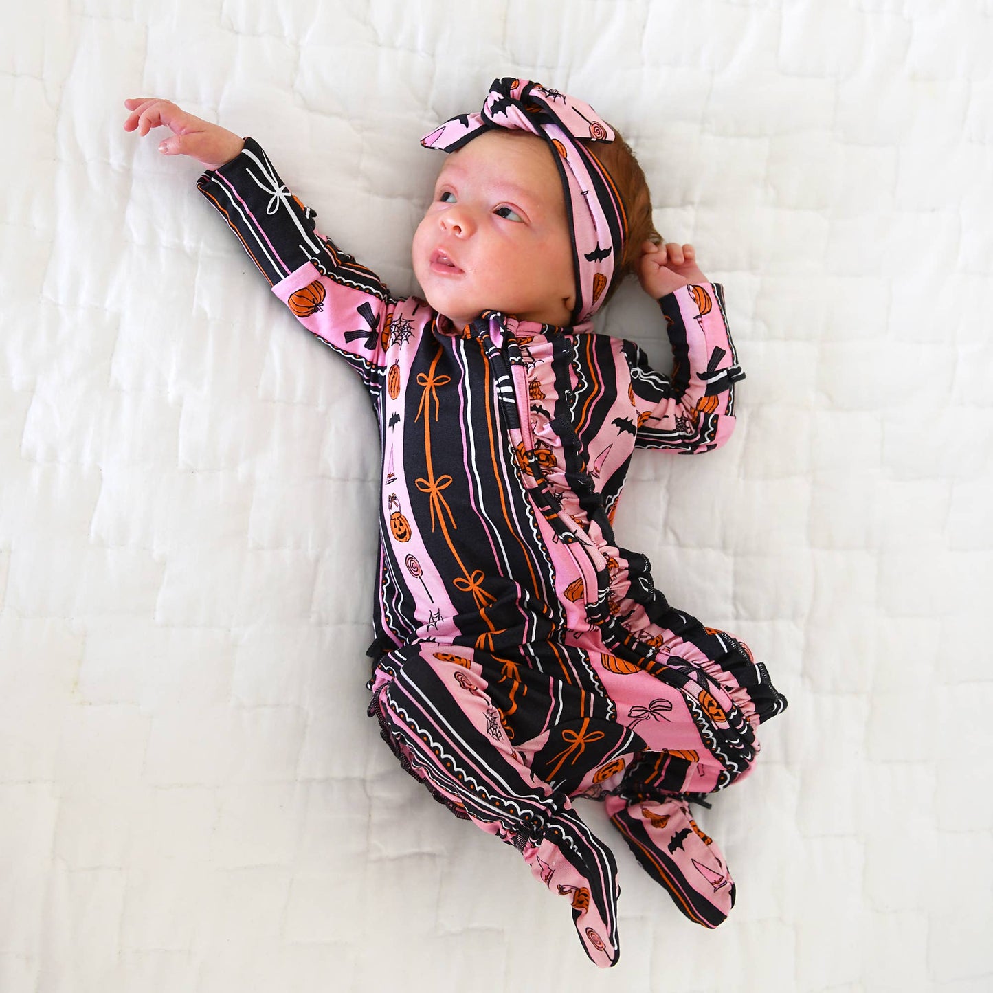 Lydia RUFFLE ZIP Bamboo Halloween Pumpkins Baby Outfit