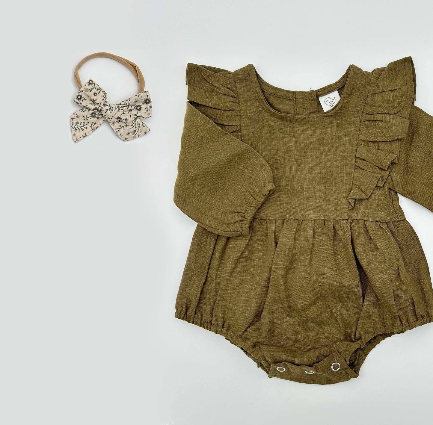 Gabriella Long Sleeve Romper with Bow - Moss Green