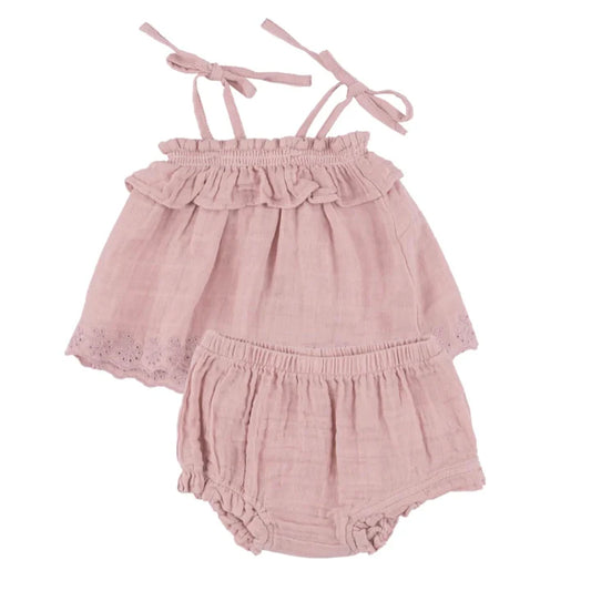 Dusty Pink Muslin Ruffle Top & Bloomer Set by Angel Dear