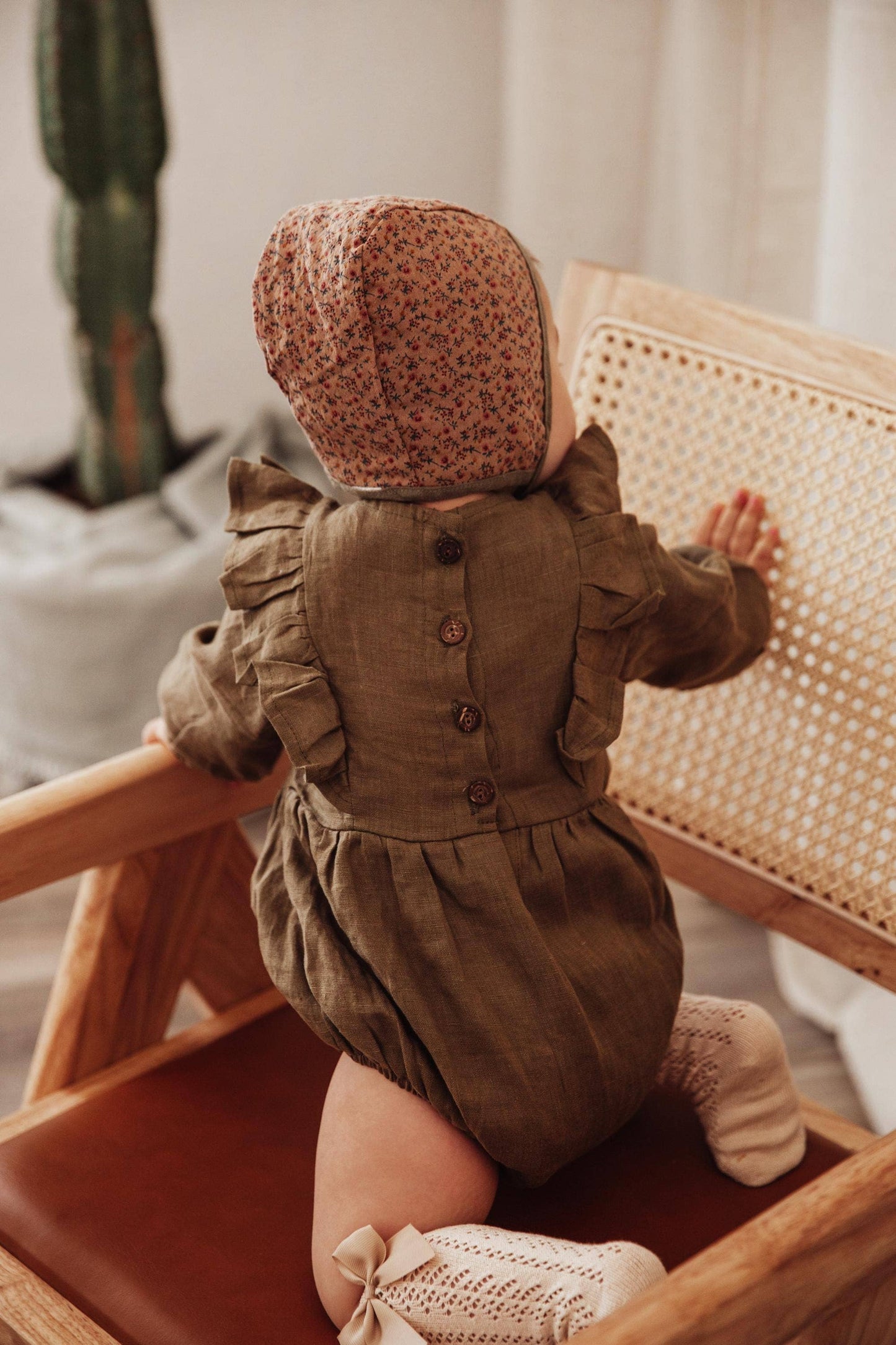 Gabriella Long Sleeve Romper with Bow - Moss Green