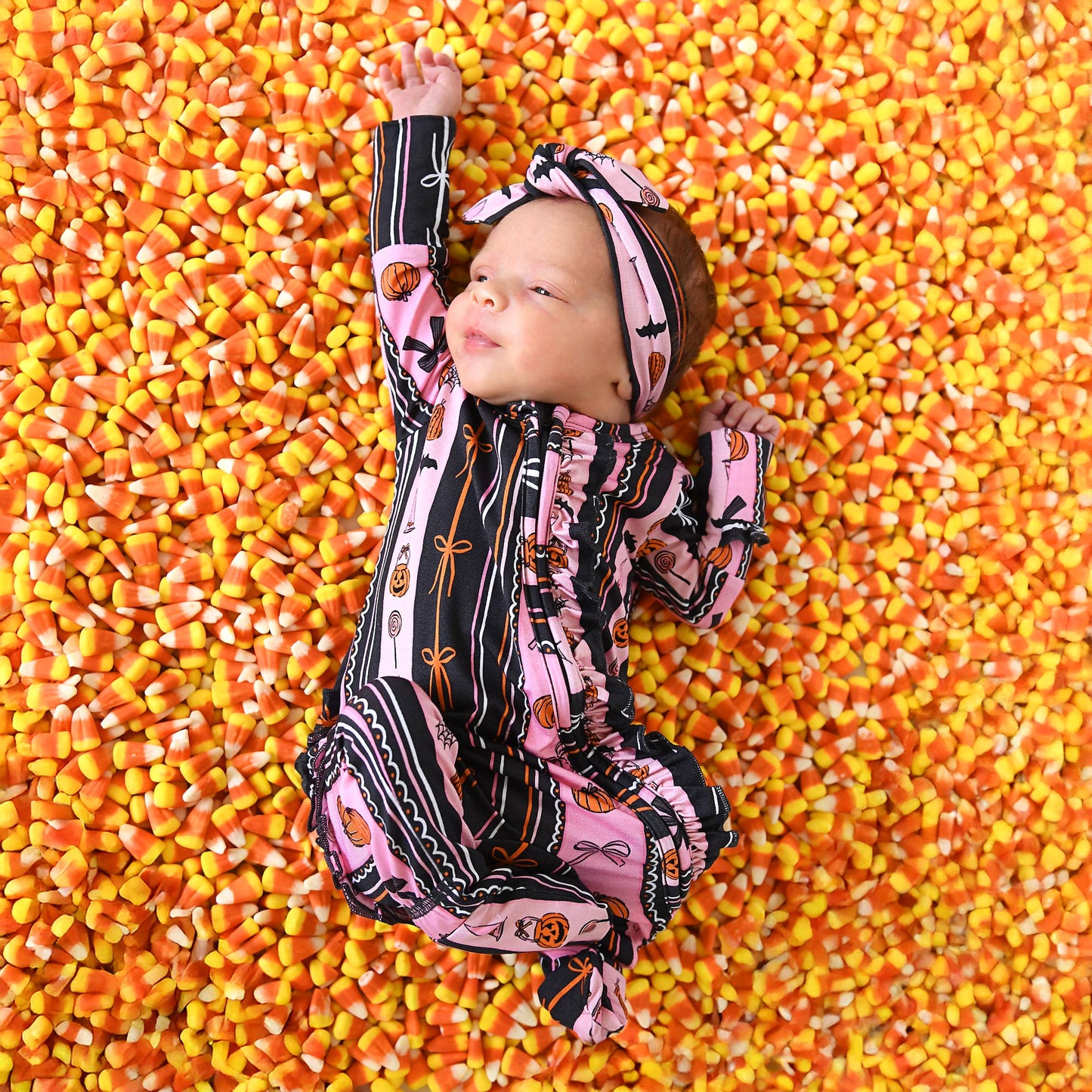 Lydia RUFFLE ZIP Bamboo Halloween Pumpkins Baby Outfit