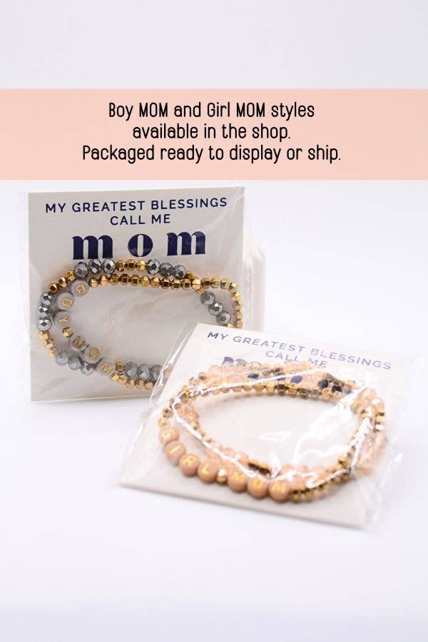 Girl Mom Bracelet Set Pink Beaded on Greatest Blessings card