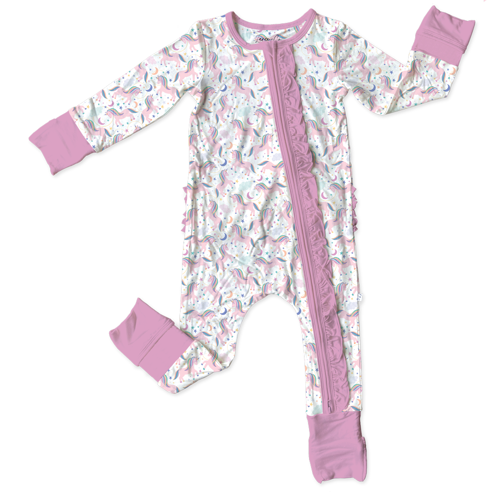 Lavender Unicorns Bamboo Ruffle Convertible Footie