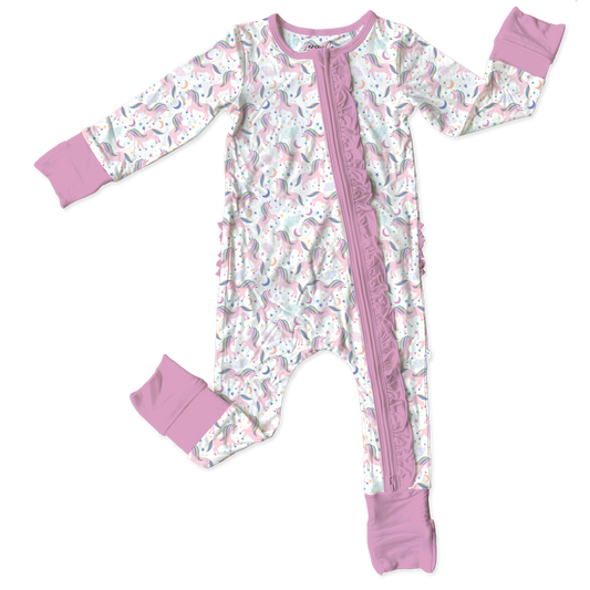 Lavender Unicorns Bamboo Ruffle Convertible Footie