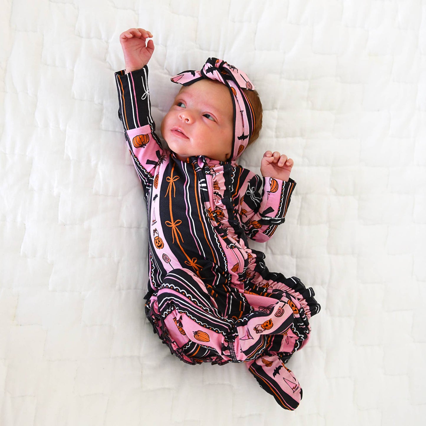 Lydia RUFFLE ZIP Bamboo Halloween Pumpkins Baby Outfit
