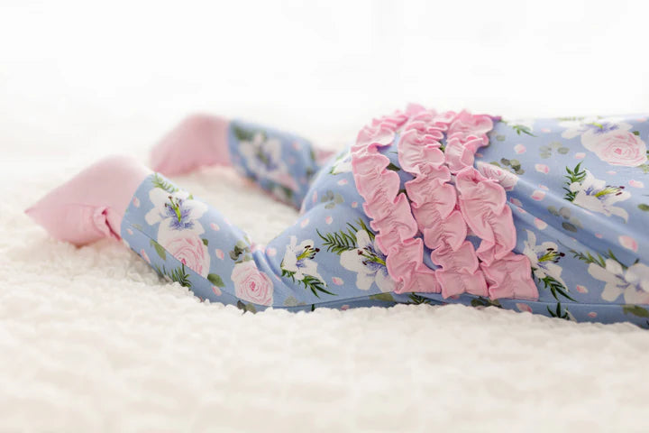 Lillian Blue Pink Floral Bamboo Ruffle Convertible Footie (Micro Preemie/Preemie) by Laree + Co