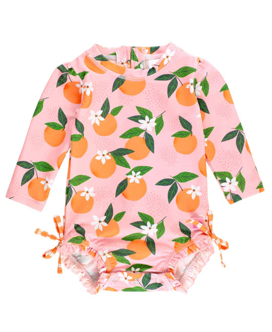 Orange Print One-Piece Rash Guard Swimsuit