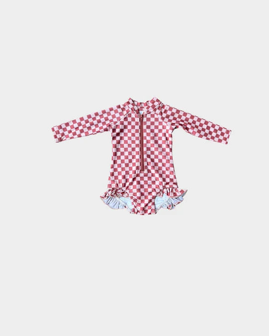 Pink Checkered Girl's One-Piece Rash Guard Swimsuit