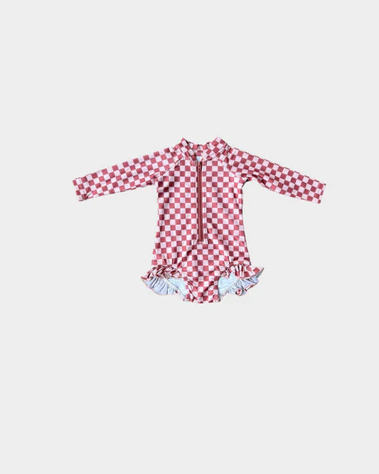 Pink Checkered Girl's One-Piece Rash Guard Swimsuit