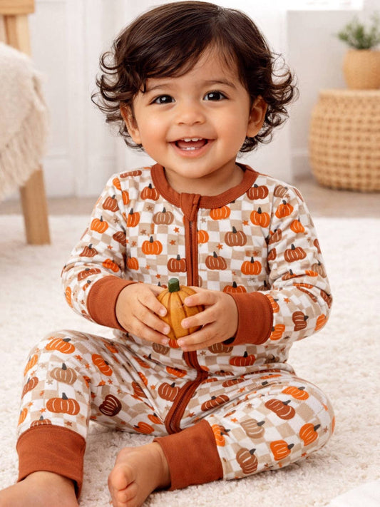 2-Way Convertible Zip Romper, Pumpkin Checkerboard