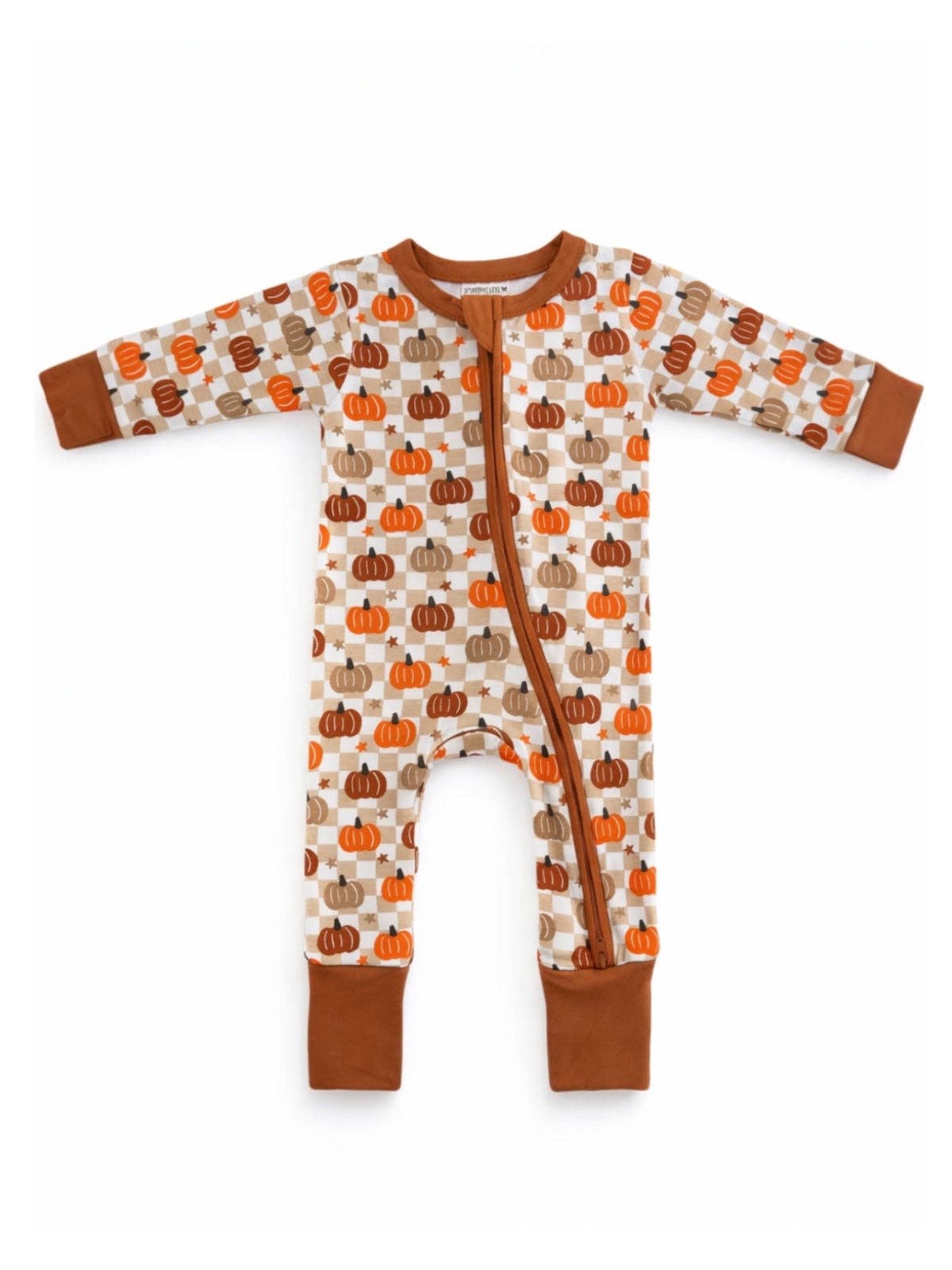 2-Way Convertible Zip Romper, Pumpkin Checkerboard