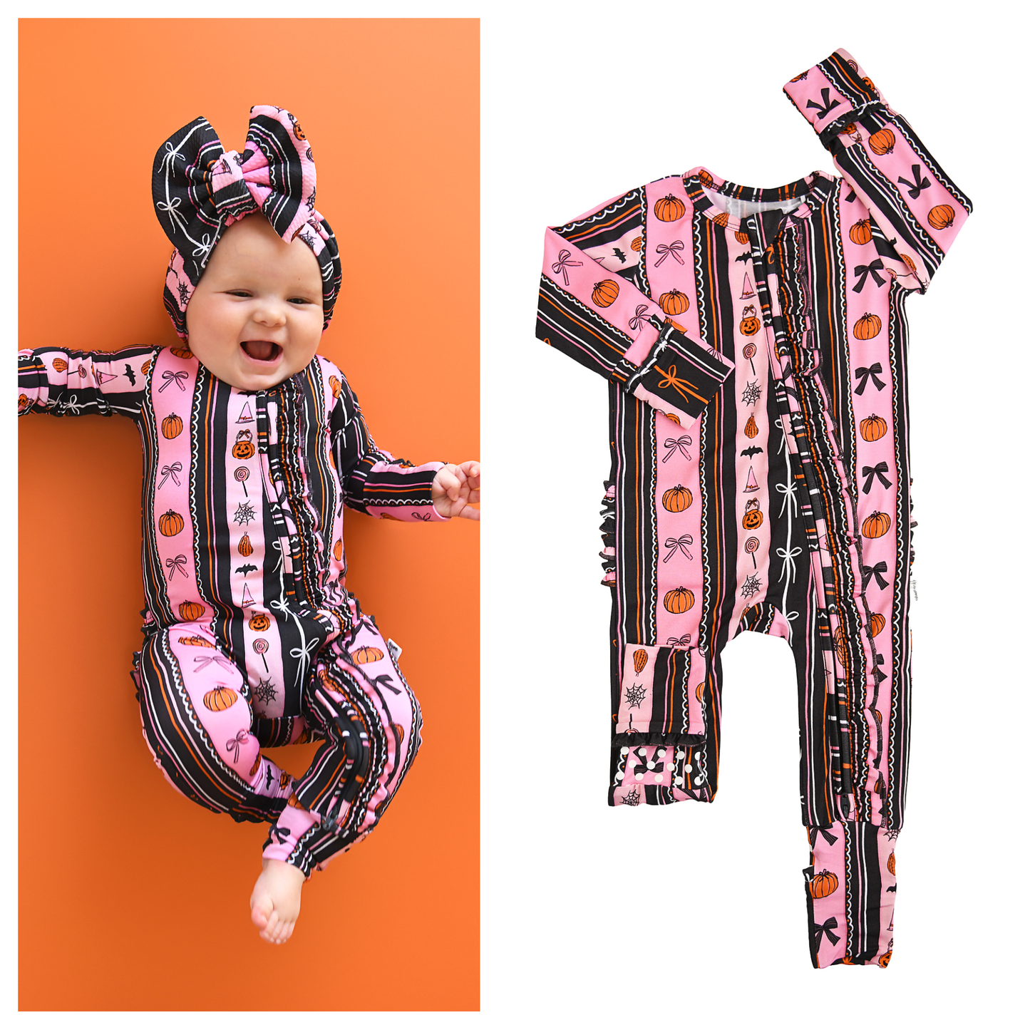 Lydia RUFFLE ZIP Bamboo Halloween Pumpkins Baby Outfit