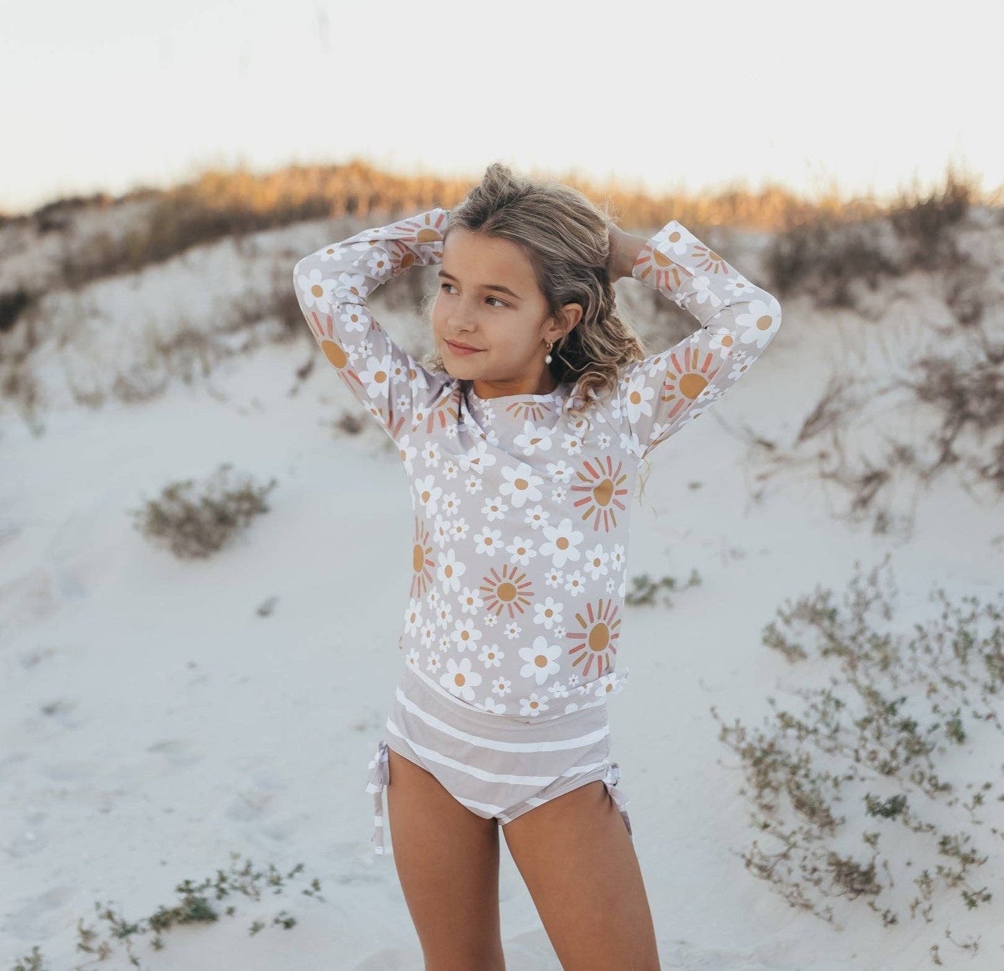 Kids Beige Sun & Daisy Long Sleeve Rash Guard Swimsuit