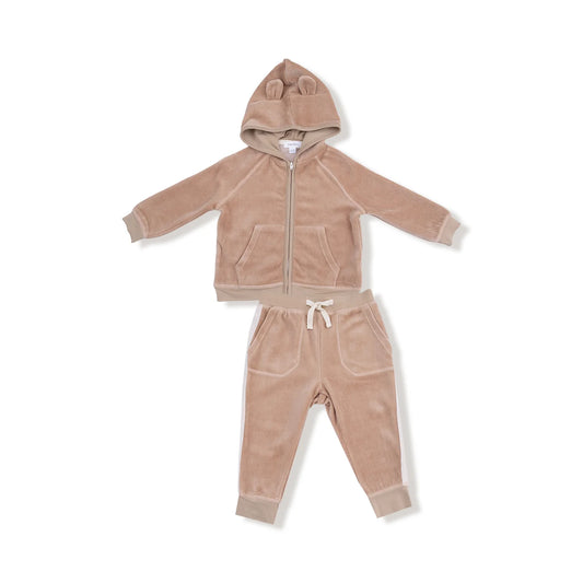Velour Teddy Bear Zip Hoodie + Varsity Stripe Jogger Set