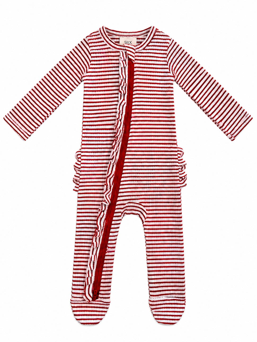 Red Stripe / Ribbed Frill 2-Way Zip Footie