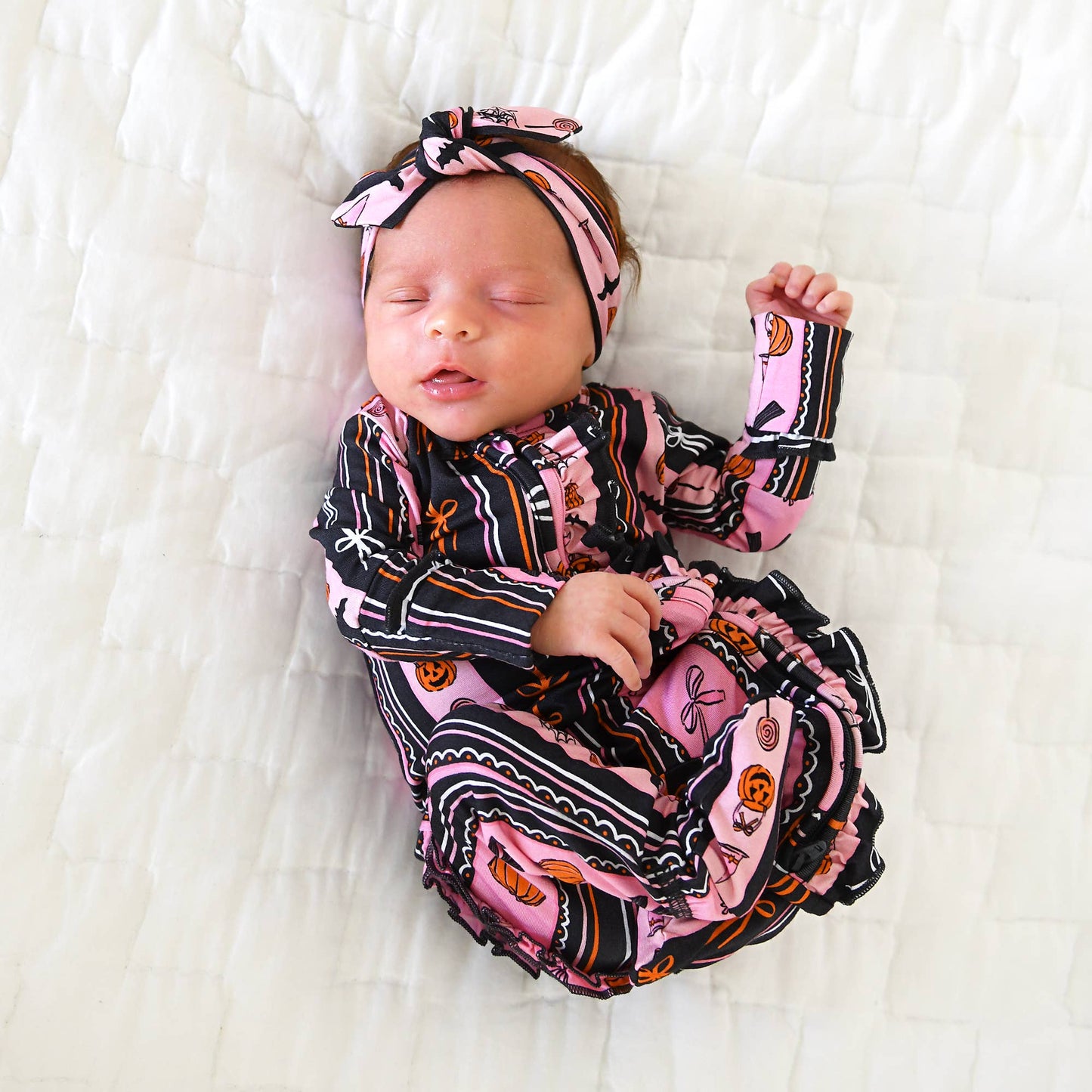 Lydia RUFFLE ZIP Bamboo Halloween Pumpkins Baby Outfit