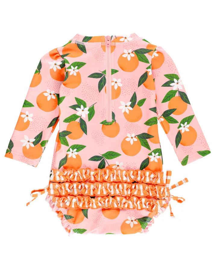 Orange Print One-Piece Rash Guard Swimsuit