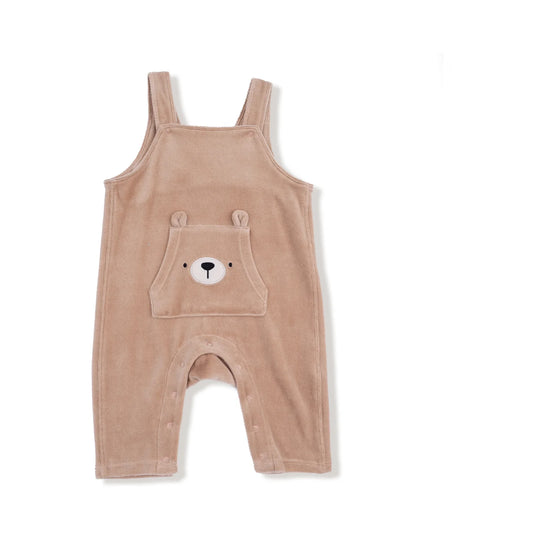 Velour Teddy Bear Overalls with Bear Kanga Pocket