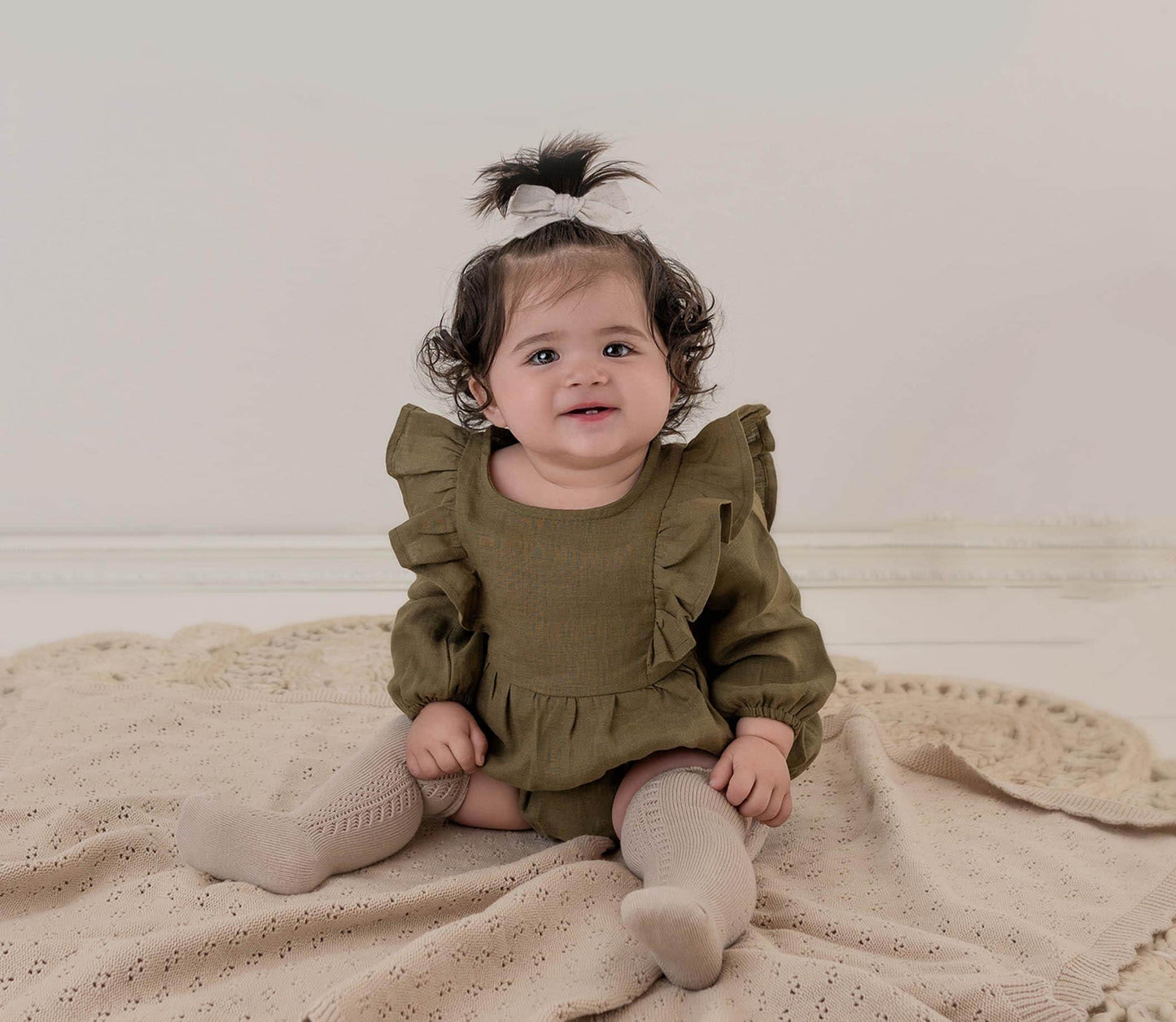 Gabriella Long Sleeve Romper with Bow - Moss Green