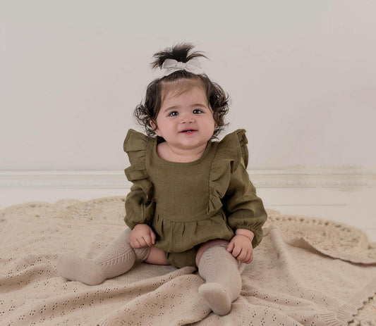 Gabriella Long Sleeve Romper with Bow - Moss Green