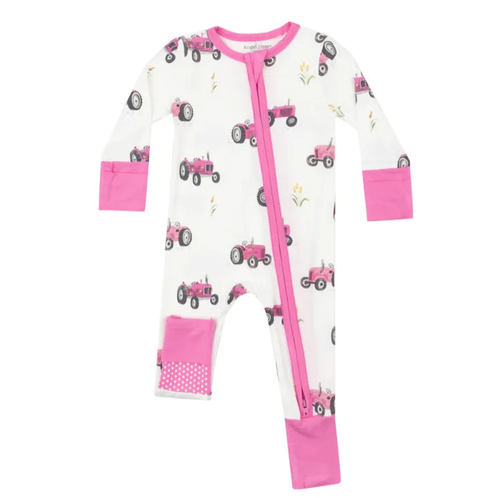 Two Way Convertible Zipper Footie in Pink Tractors by Angel Dear