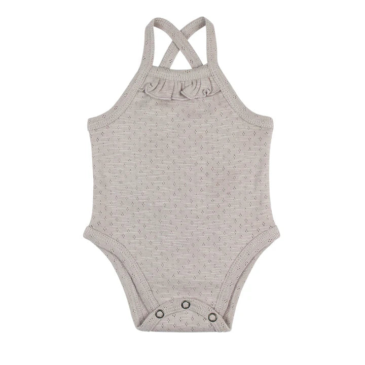 Organic Pointelle Ruffle Criss-Cross Bodysuit in Cloud