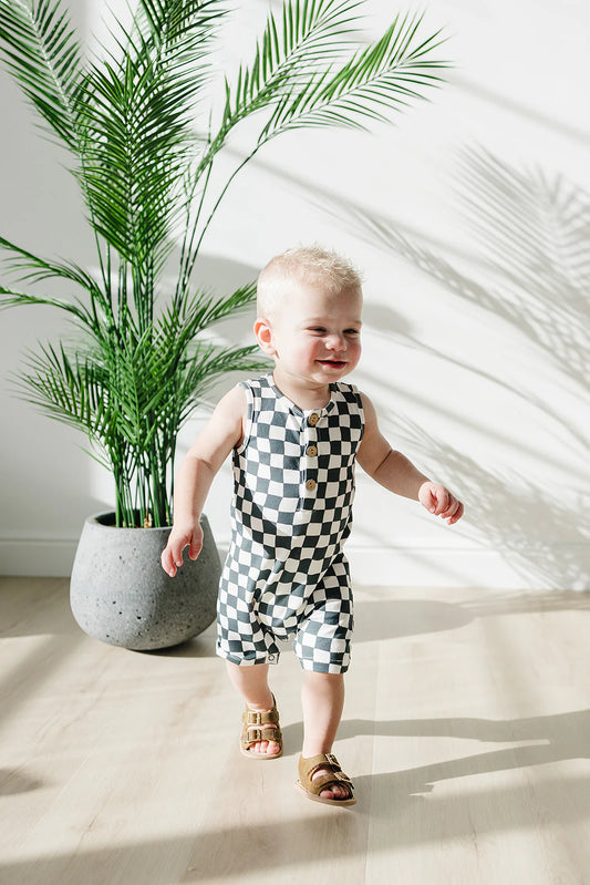 Charcoal Wavy Checkered Short Romper