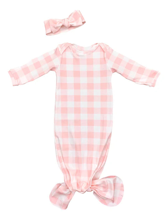 Pink Blush Gingham Knotted Gown & Bow Set by Newborn Nest