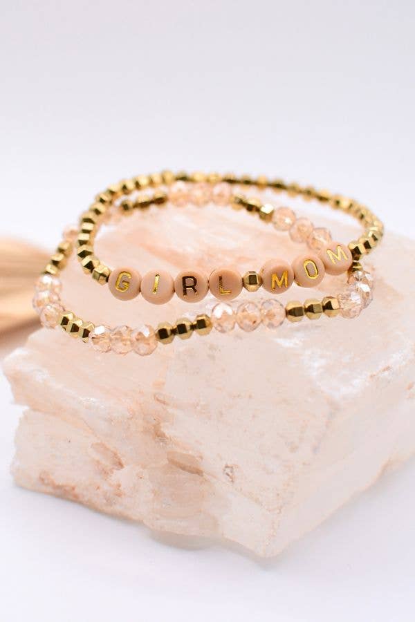 Girl Mom Bracelet Set Pink Beaded on Greatest Blessings card