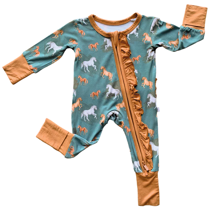 Ember Teal Horse Print Bamboo Ruffle Convertible Footie (Micro Preemie/Preemie) by Laree + Co