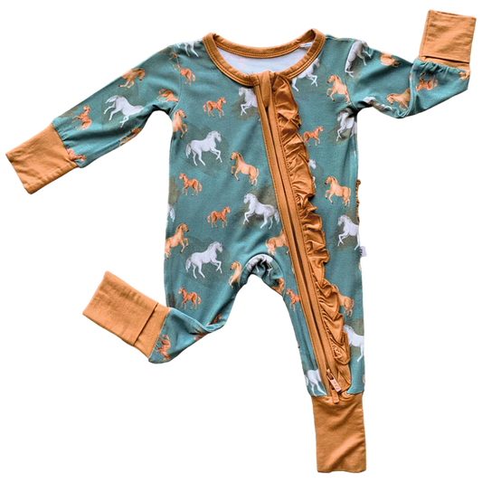 Ember Teal Horse Print Bamboo Ruffle Convertible Footie (Micro Preemie/Preemie) by Laree + Co