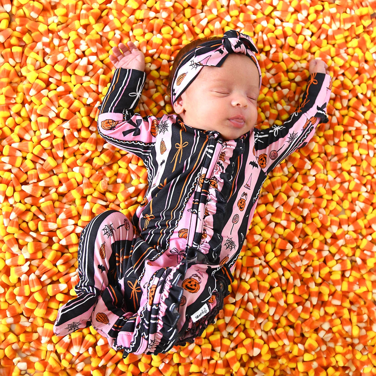 Lydia RUFFLE ZIP Bamboo Halloween Pumpkins Baby Outfit