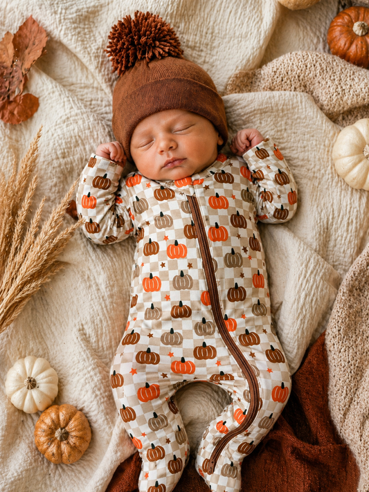 2-Way Zip Footie, Pumpkin Checkerboard