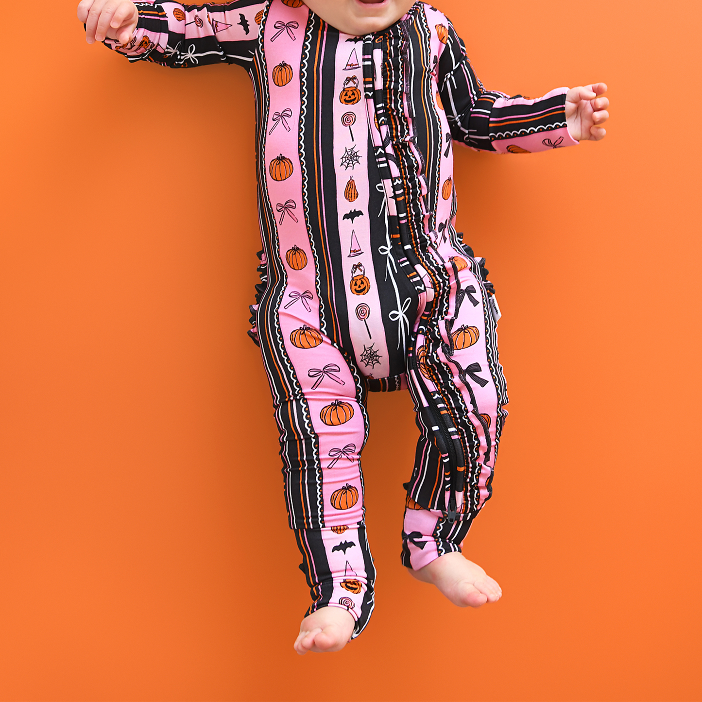 Lydia RUFFLE ZIP Bamboo Halloween Pumpkins Baby Outfit