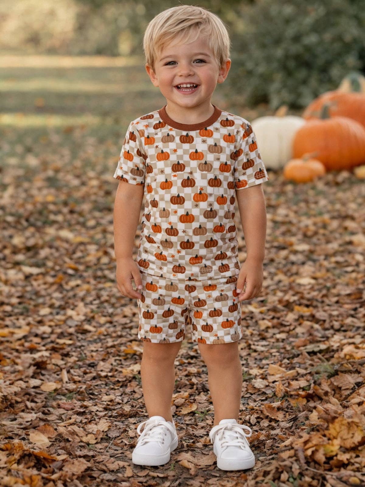 Short Sleeve 2-Piece Set, Pumpkin Checkerboard
