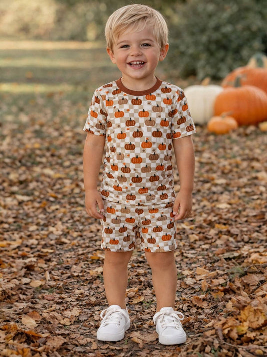 Short Sleeve 2-Piece Set, Pumpkin Checkerboard