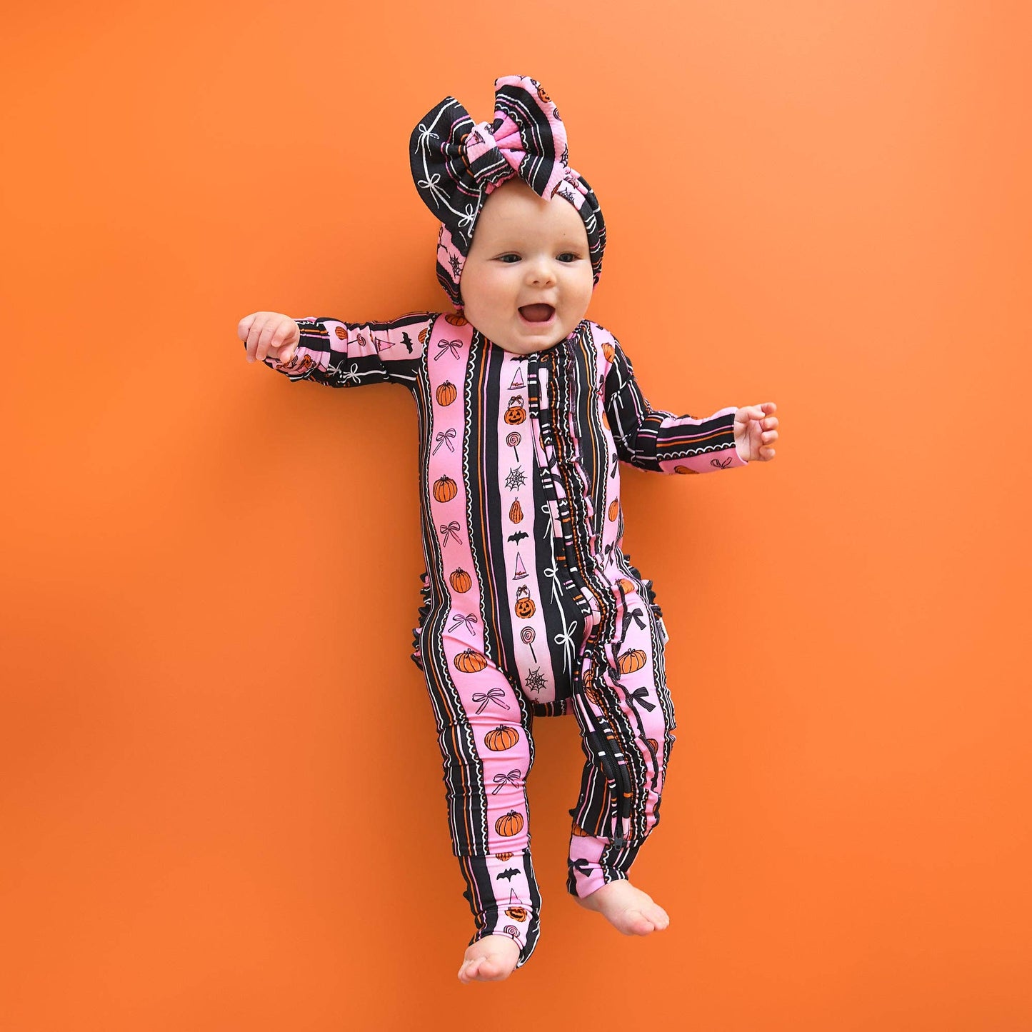 Lydia RUFFLE ZIP Bamboo Halloween Pumpkins Baby Outfit