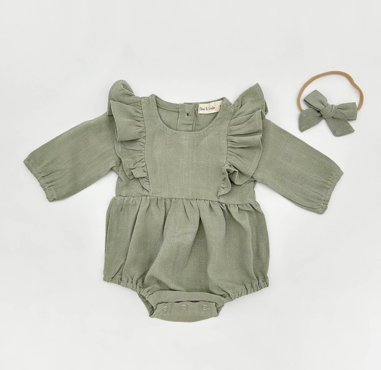 Gabriella Long Sleeve Romper with Bow - Moss Green