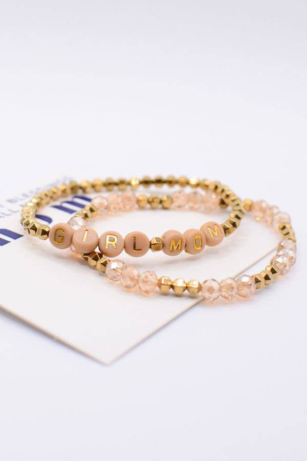 Girl Mom Bracelet Set Pink Beaded on Greatest Blessings card
