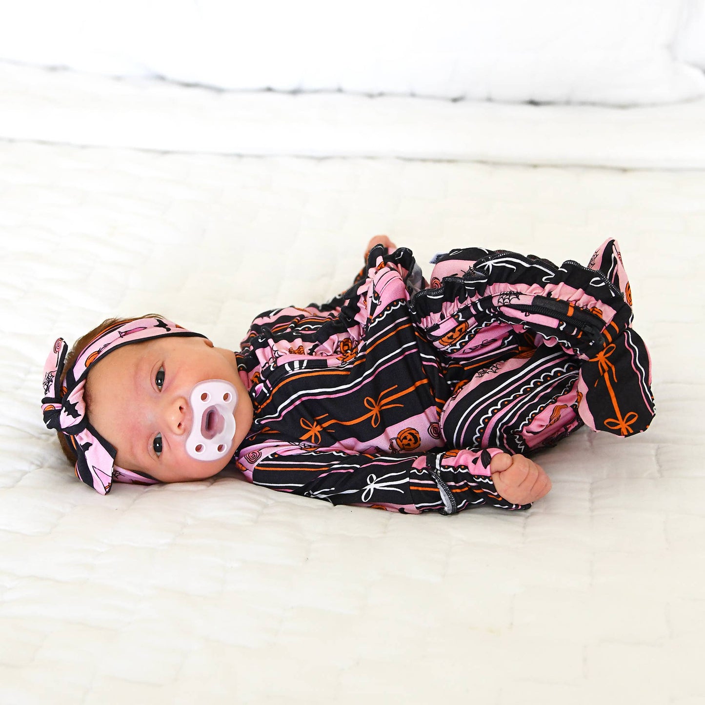 Lydia RUFFLE ZIP Bamboo Halloween Pumpkins Baby Outfit