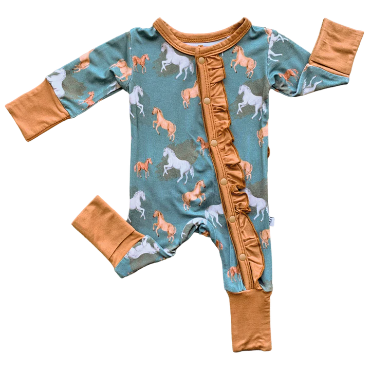 Ember Teal Horse Print Bamboo Ruffle Convertible Footie (Micro Preemie/Preemie) by Laree + Co